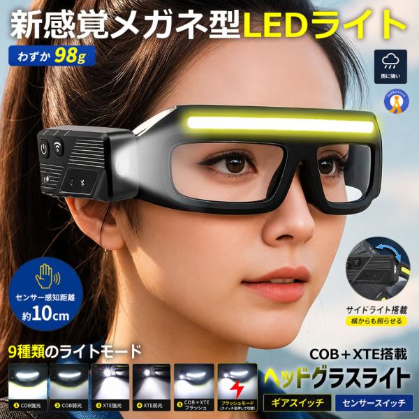 メガネ型 LEDヘッドライト COB XTE センサー搭載 USB充電式 98g 超軽量 IPX4防水 ハンズフリー HEGRARA