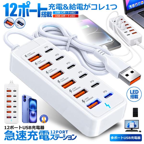 USB充電器 12ポート USB-A USB-C PD対応 急速充電 多ポート充電ハブ タブレット 12PORTUSB