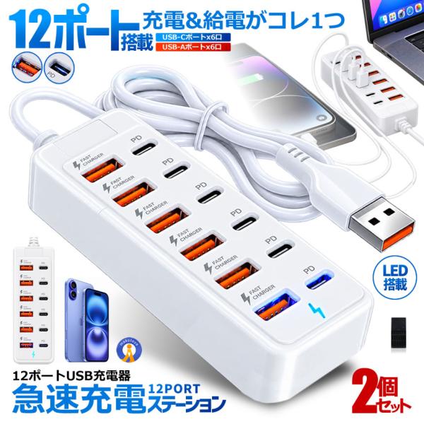 2個セット USB充電器 12ポート USB-A USB-C PD対応 急速充電 多ポート充電ハブ タブレット 12PORTUSB