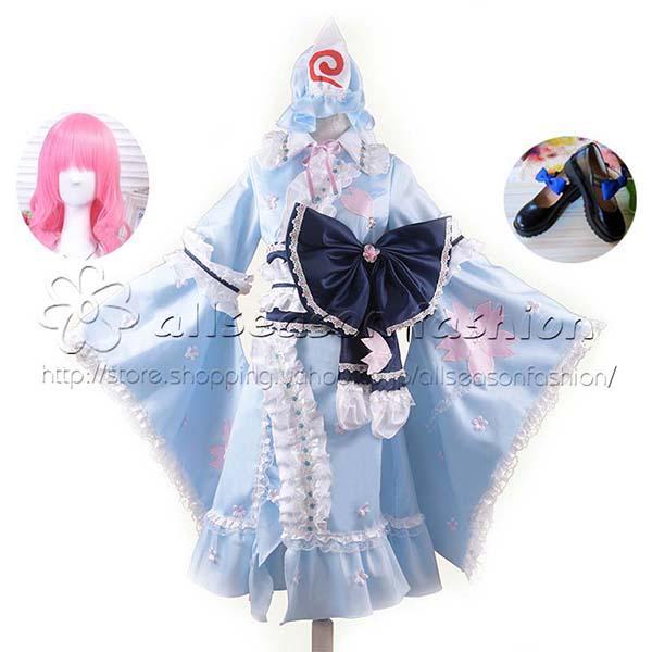 東方Project 風 西行寺 幽々子 コスプレ衣装 ウィッグ 靴 コスチューム cosplay イベント 演出服 アニメ変装 仮装 ハロウィン