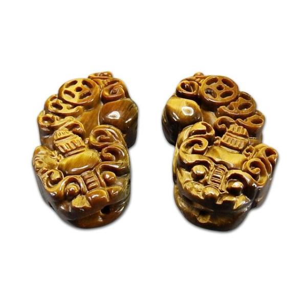 タイガーアイ色合い良好金銭ヒキュウ彫り中大サイズ2個ペア天然石彫刻品