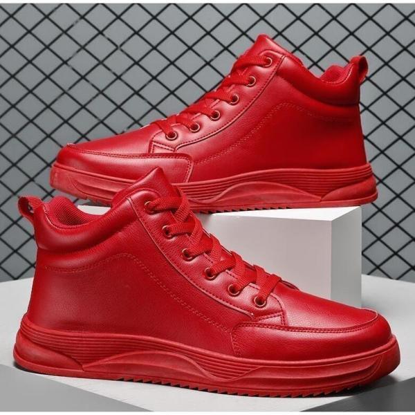 カジュアル靴 メンズ ハイカットスニーカー 革靴 PU 赤スニーカー
