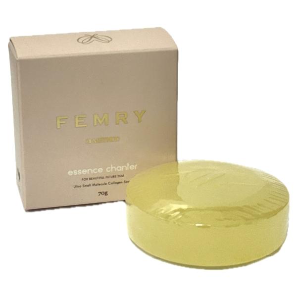 FEMRY エッセンスシャンテ 70g500分子コラーゲンを固めたソープ（枠練り石鹸）石鹸の形状をしておりますが、お肌を整える事を目的としたスキンケアアイテムです。一般的なコラーゲン分子と異なり、「500分子」の超低分子コラーゲンを3％以上...