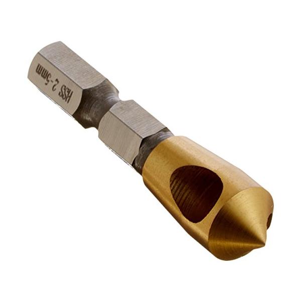 「商品情報」木材・アルミ・鉄材のネジ穴の面取りに パイプ内径の面取り・穴あけ後のバリ取りに 鉄・ステンレス・非鉄金属用向け アクリル板にも使えます面取り角度:90° 加工穴径:2~5ミリ 六角軸6.35ミリハイス鋼チタンコーティング「主な仕...