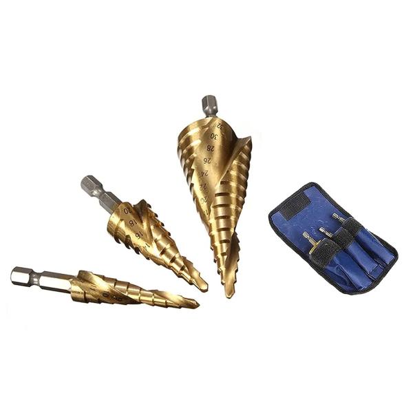 HSS鋼タイプのステップドリル3本セット。 薄い鉄板・アルミ板・木材・樹脂等の穴あけと穴の拡大に適した切削工具です。 穴あけ・下穴拡大・面取り・バリ取りなどの作業がこちらの3本セットで全て可能！スパイラル溝で切れ味UP！切りくずが少ない。用...