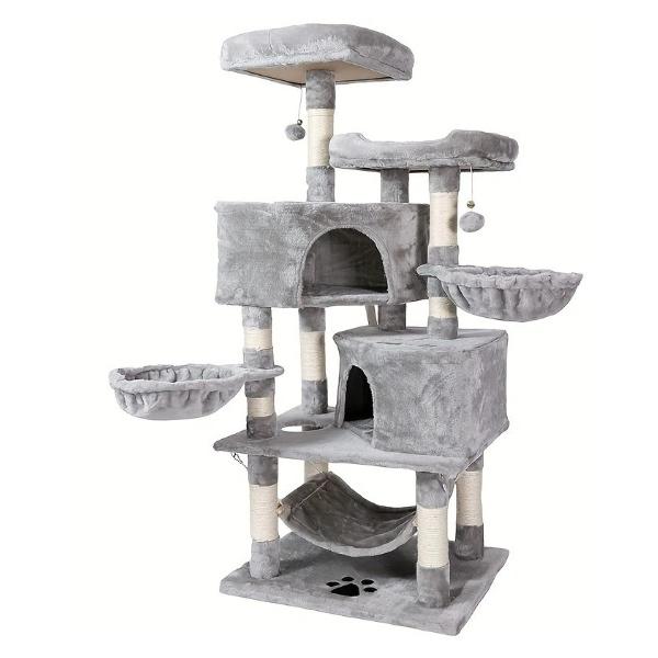 【豪華なネコちゃん遊園地】このキャットタワーには、ふわふわのベッドが2つ、秘密基地のような広い部屋が2つ、丸くなって寝られるハンモックが2つ、楽しい展望台が5か所、さらに揺らめくハンモックも付いています。猫ちゃんたちは、ゆっくりとくつろいだ...