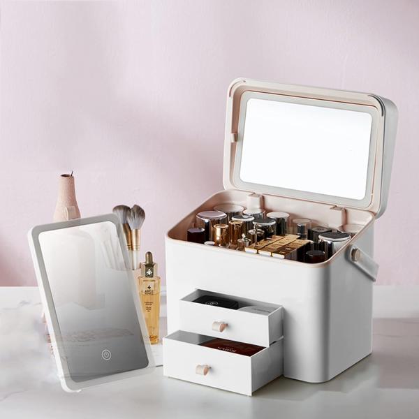収納上手なコスメボックスDX化粧水からメイク小物までコスメ用品をすっきり収納できる、鏡付きのコスメボックス(メイクボックス)です。ペンなどを立てて収納できるスペースや、サイズ別に分けて収納出来るのが◎！見た目もおしゃれなのでインテリアを損ね...