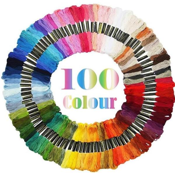 刺繍糸の100束セットです寒色、暖色から原色まで100色を用意クロスステッチ ミサンガ 裁縫 キルト フエルト 手芸 刺しゅうなど幅広い表現を可能にしてくれます1束で約8メートル6本綴りのハンドメイドに最適な糸です豊富なカラーの刺繍糸を使っ...