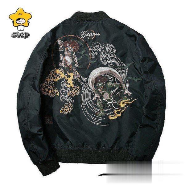 スカジャン 長袖 メンズジャケット MA-1 刺繍 ミリタリー カジュアル 風神雷神 横須賀風 バイクジャンパー　黒　秋冬物 ポイント消化 スカジャン 長袖 メンズジャケット MA-1 刺繍 ミリタリー カジュアル