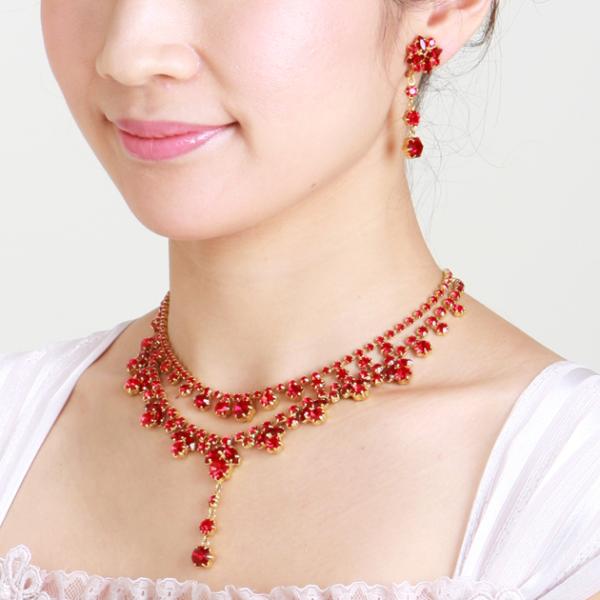 商品番号:FBMNE72【ネックレス＆イヤリング　レンタル】■ 品質：ゴールド/カラーストーン　レッド■ ロング　 サイズ（約）：ネックレス/43cm　アジャスター/4.5cm　イヤリング/5cm■ ショート　サイズ（約）：ネックレス/40...