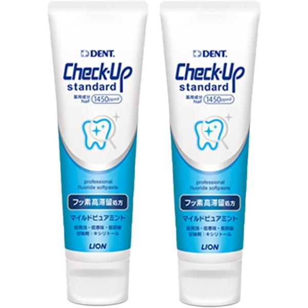 ライオン　DENT　チェックアップ　スタンダード　マイルドピュアミント　２本セット　送料無料高濃度のフッ素配合フッ素がむし歯を防ぐハミガキフッ素高滞留処方でお口の中にしっかり留まりますまた、フッ素がお口のすみずみまで広がりやすいソフトペース...
