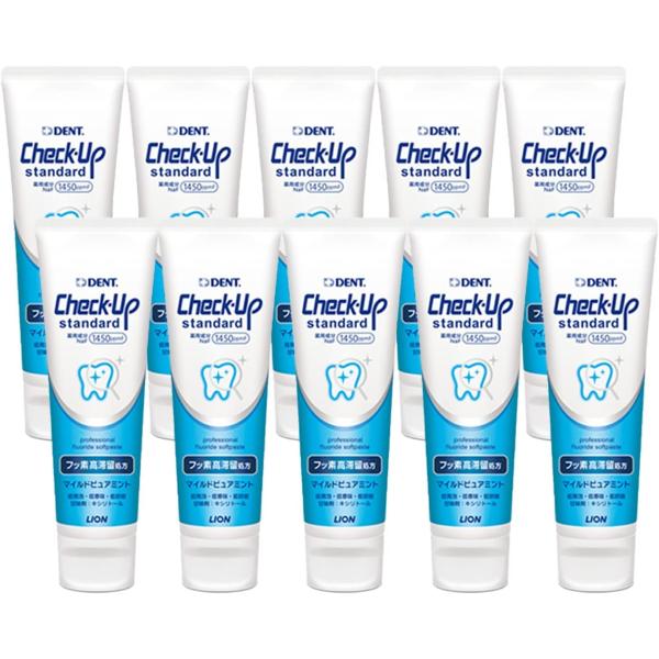 ライオン　DENT　チェックアップ　スタンダード　マイルドピュアミント　10本セット　送料無料高濃度のフッ素配合フッ素がむし歯を防ぐハミガキフッ素高滞留処方でお口の中にしっかり留まりますまた、フッ素がお口のすみずみまで広がりやすいソフトペー...