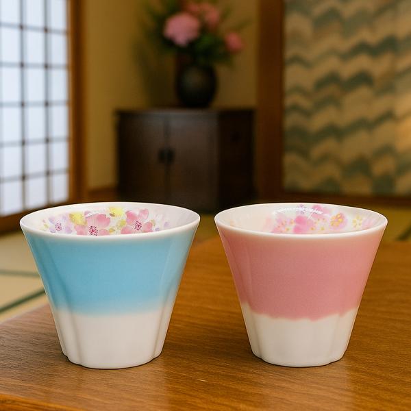 富士山 ペアカップ 美濃焼 ギフト コップ 花柄 華 桜 青富士 赤富士