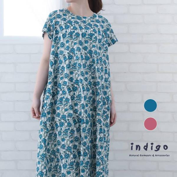 45rpm インディゴ植物柄ワンピース 半袖 ナチュラル L相当 ワンピース 半袖 レディース 膝丈 夏 花柄 きれいめ カジュアル 40代