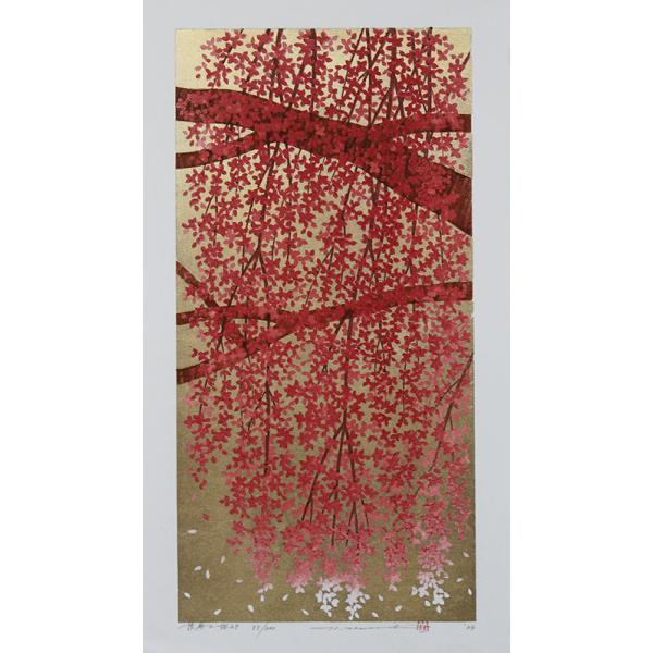 並木一 木版画 - weeping cherry blossoms 28 枝垂桜 - Hajime Namiki Woodcut