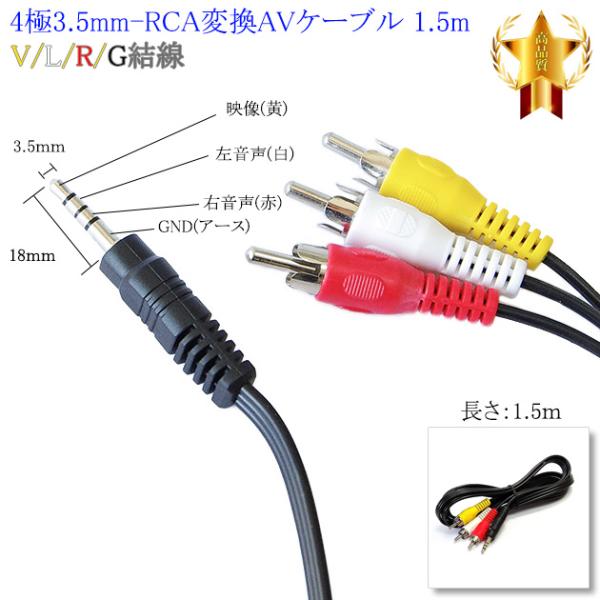 4極3.5mm-RCA変換AVケーブル 1.5m  V/L/R/G結線(オス)-RCA(オス)赤・白・黄  18mmピン　送料無料【メール便の場合】