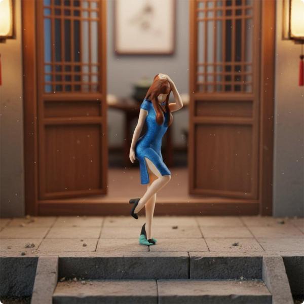 中国ドレス人形 レジン ハンドペイント 細部再現 1/64ミニチュア 女性ドール チャイナ服 ドレススリット ジオラマ背景 机上展示 コレクター向け 写真小物 に適用