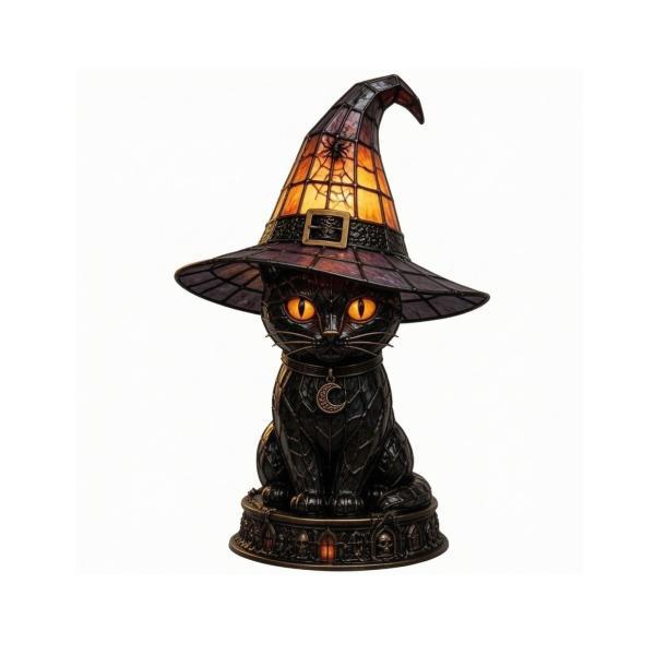 黒猫魔女の帽子ランプ ハロウィン猫ランプ 魔女の帽子付き ゴス、寝室、リビングルーム、デスク用の魔女風ナイトライト 黒猫魔女