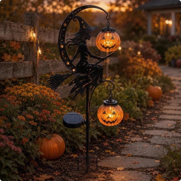ソーラー式ハロウィンガーデンステークライト｜温かみのあるオレンジ色のお祭り照明、不気味な魔女のランプ、カボチャ付き、庭用