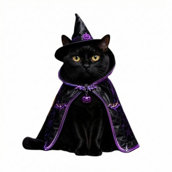 ハロウィン猫コスチュームコスプレペットマント付き猫ケープ、ペット、写真撮影、パーティー用、ブラックナイトウィッチ
