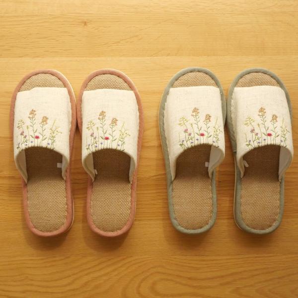 【麻スリッパ】ハーブ刺繍　麻中　レディースサイズ　明るい　カラフル　アジアン　婦人　スリッパ　おしゃれ　かわいい　爽やか　通年用　来客用　室内