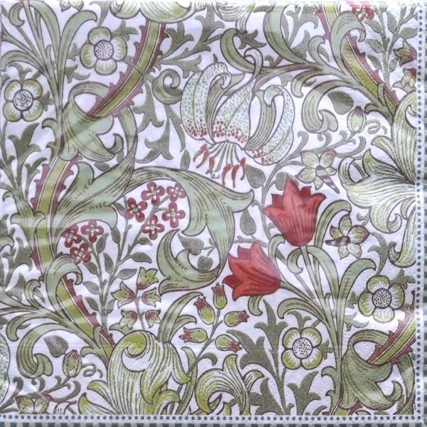 33×33ｃｍ20枚入りドイツ製（イタリアデザイン）厚手　3-PLYモリスのゴールデンリリー柄のペーパーナプキンです。グリーンの美しい柄が食卓を彩ります。33×33cmのペーパーナプキンが四つ折りでパッケージされています。画像は四つ折りの状...