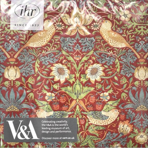 約33×33センチ20枚入りドイツ製（IHR社）無塩素漂白／水性インキ使用ウィリアムモリスのいちご泥棒柄のペーパーナプキンです。こちらは黄みがかった暗い赤がベースのレッドストロベリーシーフになります。四つ折りの状態でパッケージに入っています...