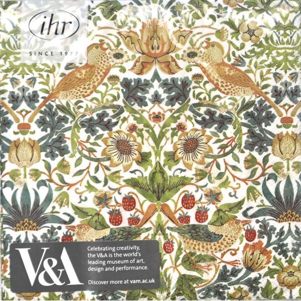 約33×33センチ20枚入りドイツ製（IHR社）無塩素漂白／水性インキ使用ウィリアムモリスのいちご泥棒柄のペーパーナプキンです。こちらは白がベースのホワイトストロベリーシーフになります。四つ折りの状態でパッケージに入っています。ケーキの下に...