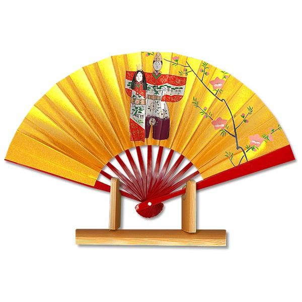 赤銅製の目貫 冠と扇子の図　雛祭り ひな祭り扇子/飾り茶扇台付きセット/朱塗りたち雛(Ta03) : 扇子司 伊藤
