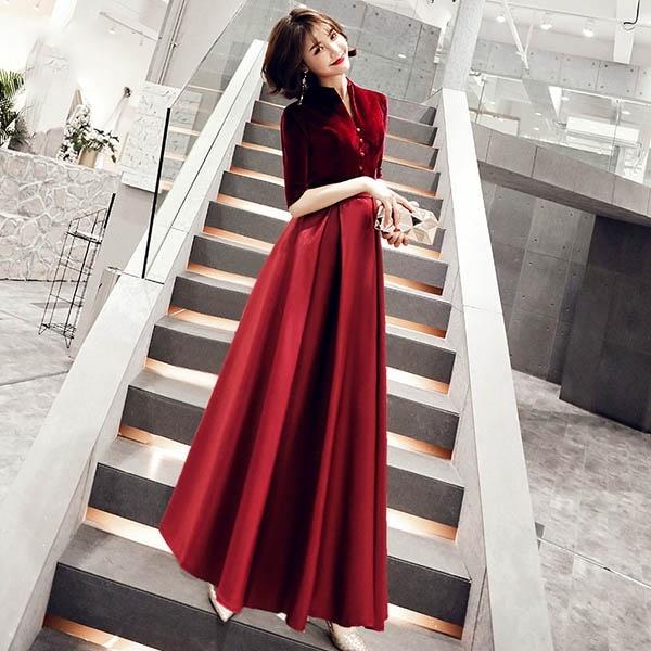 ロングドレス パーティドレス ドレス 長袖 5分袖 ピアノ 発表会 演奏会