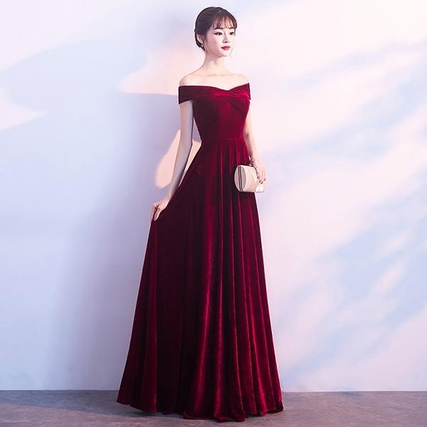 オフショルダー ロングドレス 肩出し ベルベット 背中開き