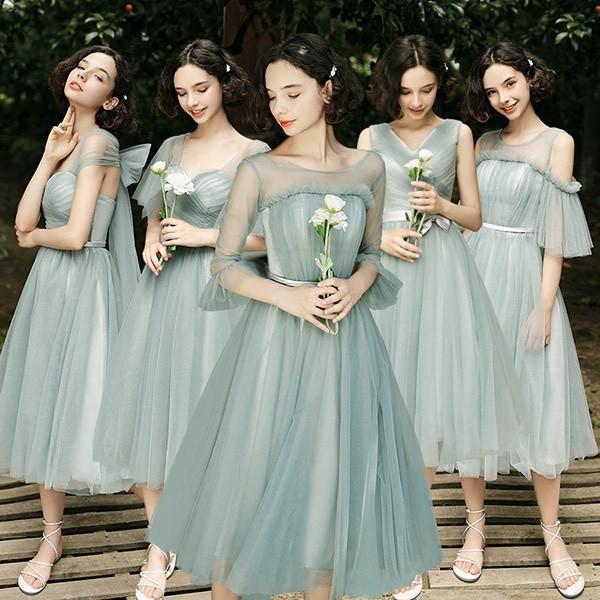 ブライズメイド ドレス ミモレ丈 大きいサイズ 袖あり 体型カバー 大人