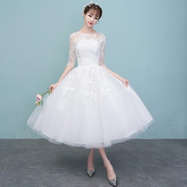 ウエディングドレス 大きいサイズ Aライン 結婚式 ミモレ丈 袖 ウエディングドレス 大きいサイズ Aライン 結婚式 ミモレ丈 袖
