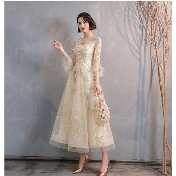 イブニングドレス女性2024新品シャンパン色ロング刺繍ビーズエレガントなパーティー成人式質感気質ドレス ドレス 大人 ピアノ 発表会 刺繍 袖付き イブニングドレス 演奏会