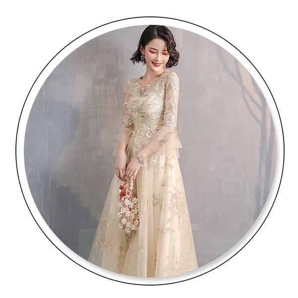 ドレス 大人 ピアノ 発表会 刺繍 袖付き イブニングドレス 演奏会