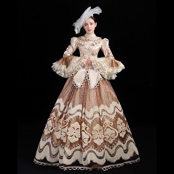 【送料無料】中世貴族衣装 豪華ロングドレス ステージ衣装 レース ベージュ 歌劇 宮廷服 髪飾り付き お姫様ドレス オペラ声楽 貴族 ドレス ステージ衣装 舞台衣装 オペラ声楽 中世貴族風 お姫様