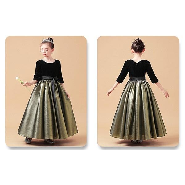 キッズドレス 女の子 ピアノ 発表会 ワンピース 5分袖 ゴールド