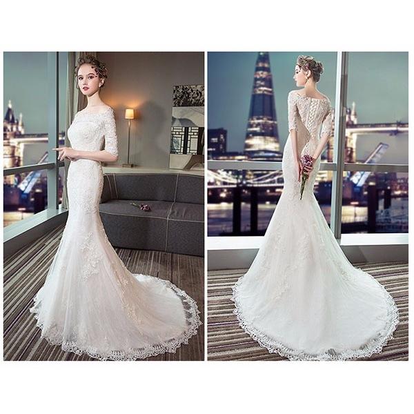 ウエディングドレス フレア袖 マーメイド オフショルダー 編み上げタイプ フレア袖 マーメイド オフショルダー ウエディングドレス 二次会