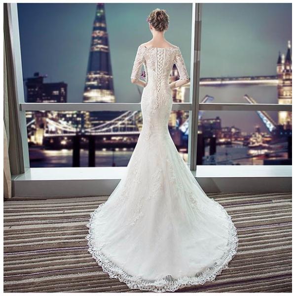 ウエディングドレス フレア袖 マーメイド オフショルダー 編み上げタイプ フレア袖 マーメイド オフショルダー ウエディングドレス 二次会