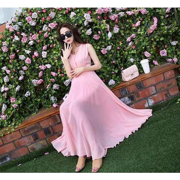 マキシワンピ 夏ワンピ シフォン ハイウエスト ノースリーブ 大きい