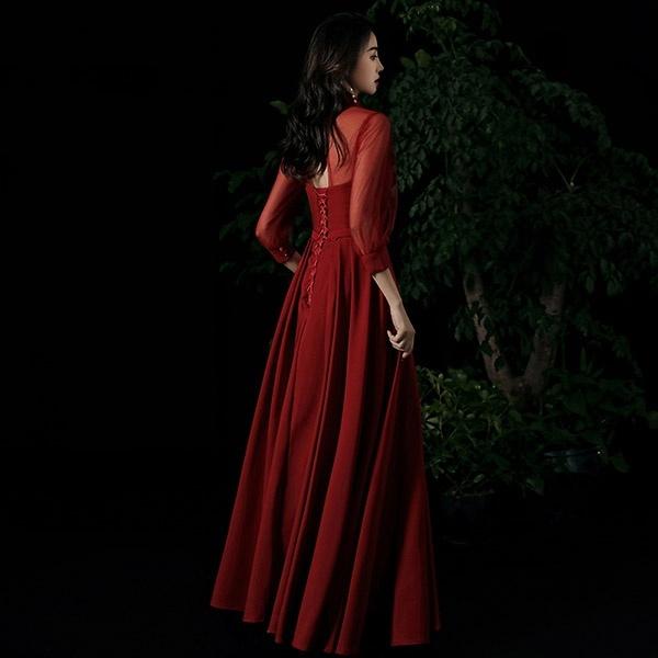 サイズ有XS/S/M/L/XL/2XL】ロングドレス 演奏会 袖付き ワインレッド