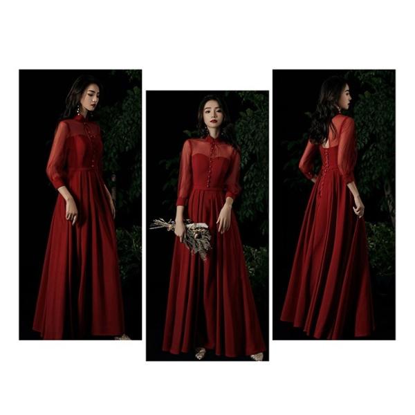 サイズ有XS/S/M/L/XL/2XL】ロングドレス 演奏会 袖付き ワインレッド