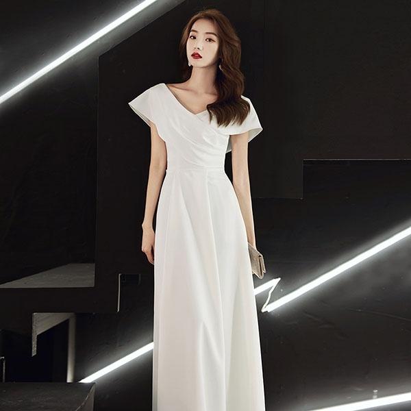 パーティードレス ウェディングドレス 総レース Vネック Aライン 白