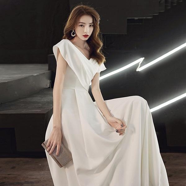 パーティードレス ウェディングドレス 総レース Vネック Aライン 白