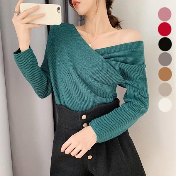オフショルダー セーター ニット トップス レディース 肩だし Vネック 長袖 セクシー 大人 可愛い 韓国