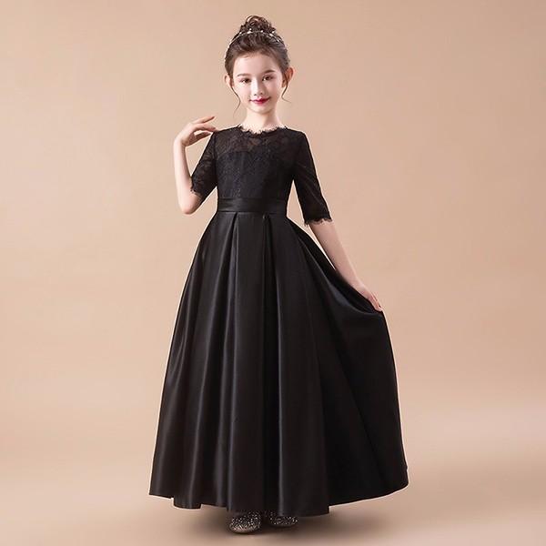 ピアノ発表会 ドレス ロング丈 ファスナー 袖有り 子供ドレス