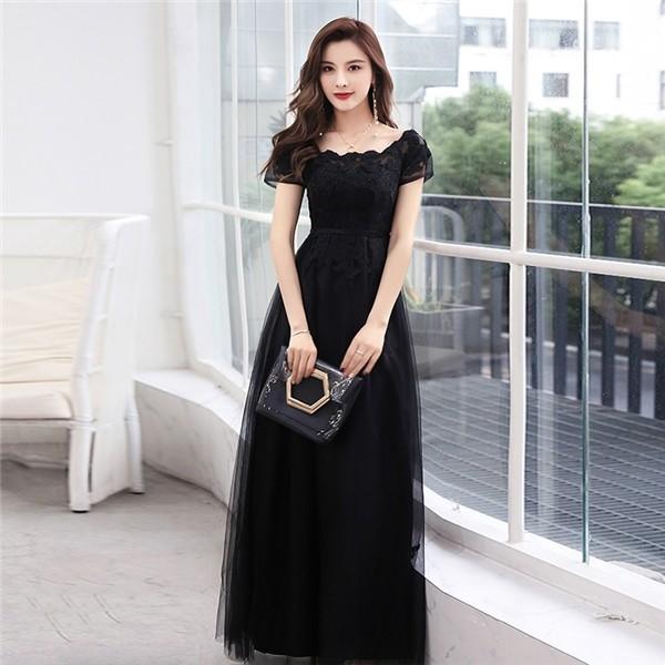 ロングドレス 演奏会 パーティードレス ブラック 黒 袖あり レディース