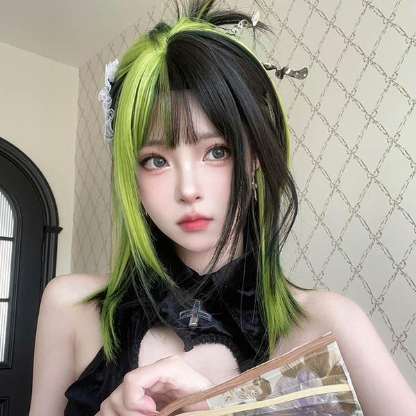 ウィッグ レディース フルウィッグ ミディアムウィッグ メッシュ ストレート 緑 ぱっつん前髪 前髪あり 可愛い かわいい 大人用