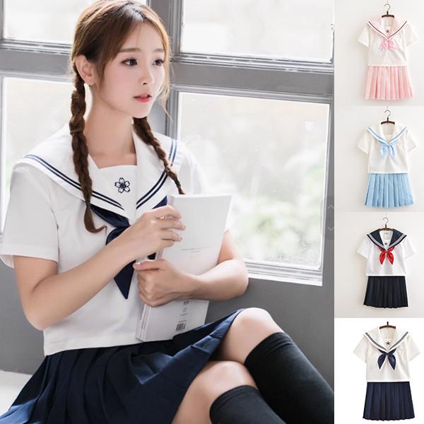 S/M/L/XL 制服 セーラー服 半袖 リボン付き セーラー服 スカート 夏セーラー ピンク 女子高生 制服 桜の刺〓 JK風 女性用 女の子衣装