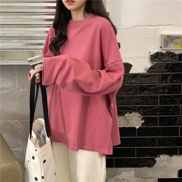 Tシャツ レディース ブラウス 長袖 おしゃれ カットソー  体型カバー Uネック 無地 トップス シンプル ベーシック 春 夏